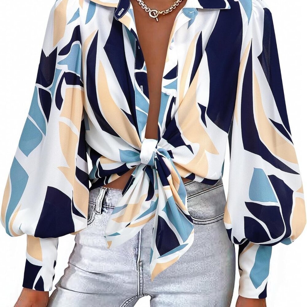 Women Fashion Button Down Shirts V Neck Printed Solid Boho Long Sleeve Blouses D